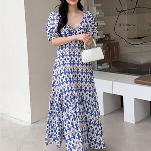 Zara Blue and White Patterned Maxi Dress